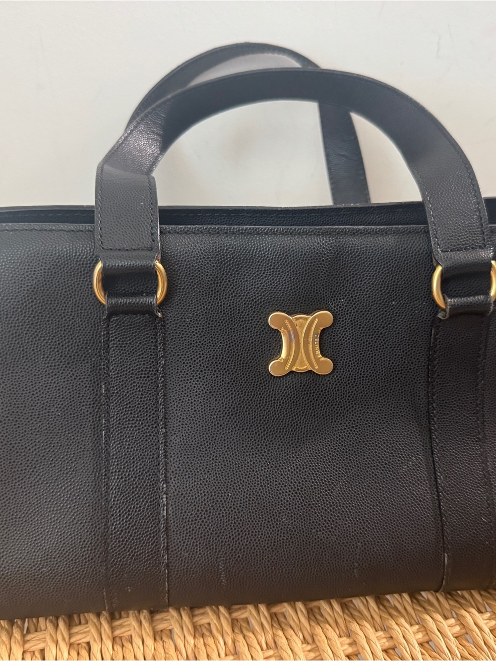 Celine Black Leather Top-Handle Tote with Gold Triomphe Emblem